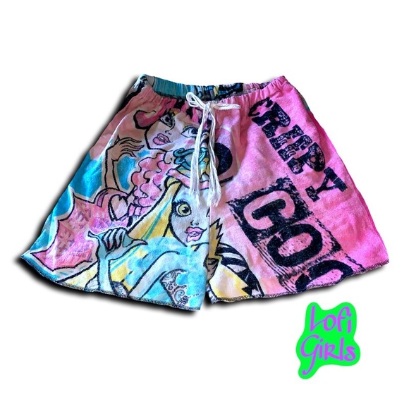 Lofi Girls Pants - Vintage Monster High Hand Crafted Reworked Terry Cloth Towel Jorts Long Shorts